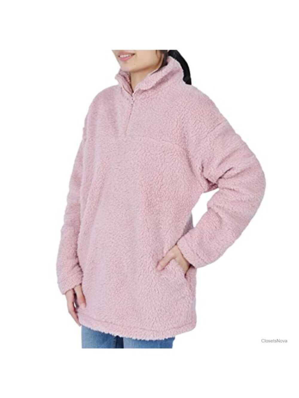 Sherpa Fleece Half Zip Pullover Sweatshirt Fuzzy Long Sleeve Pockets